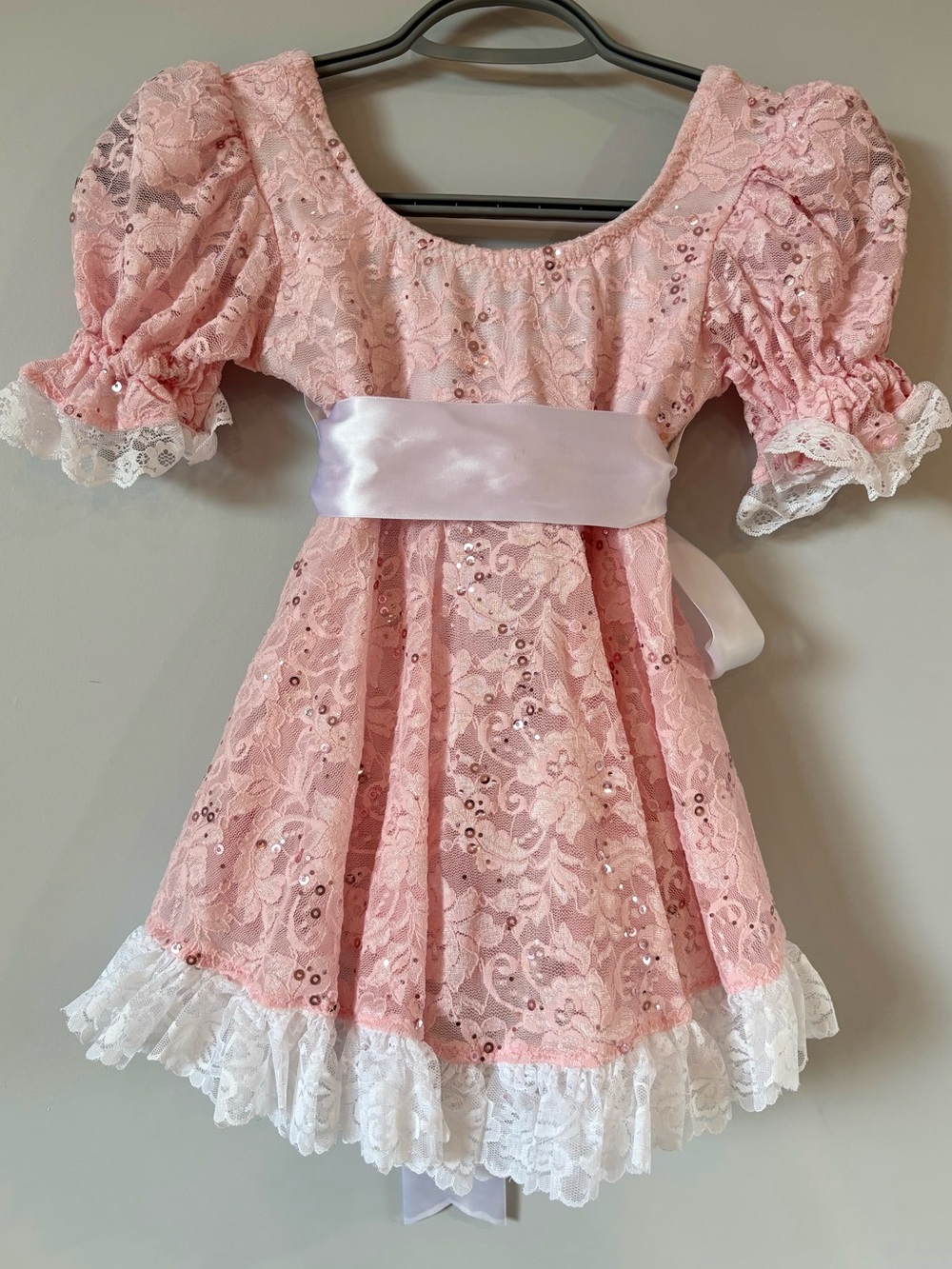 Pink Lace Puff-Sleeve Babydoll Sparkly Sequin Top with Big Bow